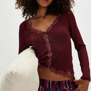 NWOT Free People Intimately Big Love Lace Trim Cardi in Ruby Heather
